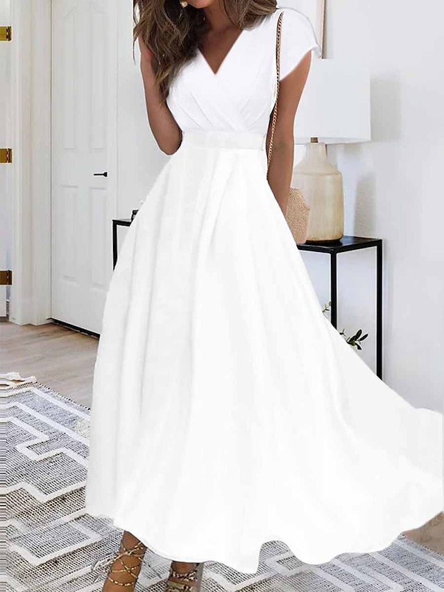  Γυναικεία Μακρύ φόρεμα Λευκό φόρεμα Καθημερινό φόρεμα Φορέματα σιφόν Μονόχρωμες Καθημερινό Ωριμος ΕΞΩΤΕΡΙΚΟΥ ΧΩΡΟΥ Καθημερινά Ημερομηνία Σουρωτά Κοντομάνικο Λαιμόκοψη V Φόρεμα Κανονικό