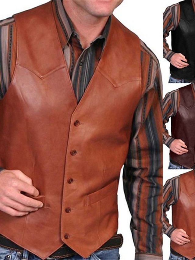  Men's Leather Vest Daily Wear Vacation Going out Vintage Fashion Spring &  Fall Button Faux Leather Comfortable Plain Single Breasted V Neck Regular Fit Red Brown Vest