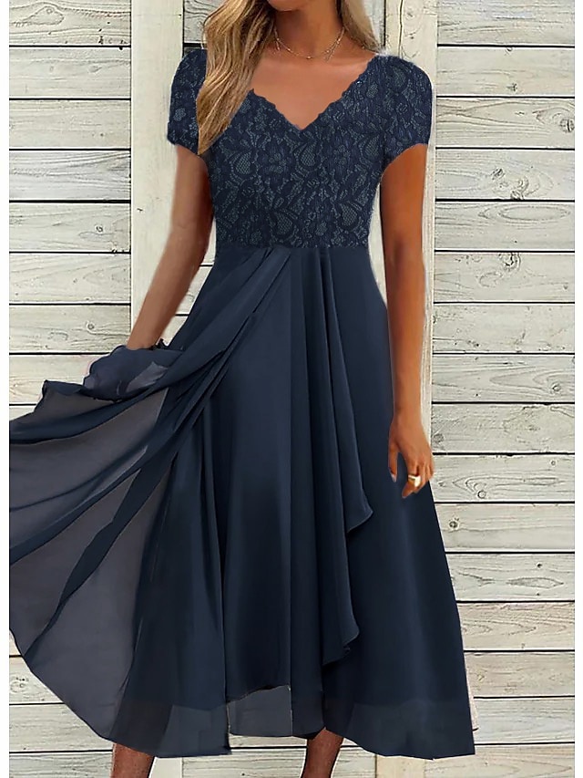  Women's Elegant A-Line Midi Dress V-Neck Lace Short Sleeve Chiffon Flowy Navy Blue Evening Party Wedding Summer