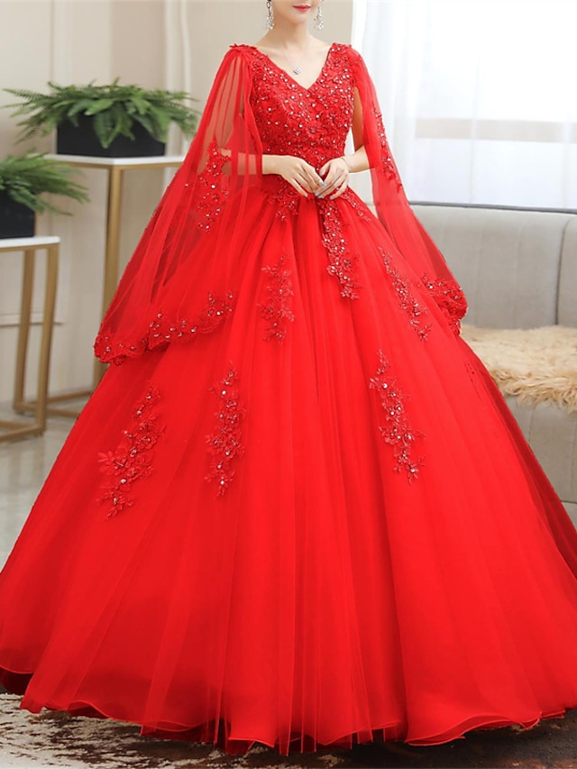  Rochie de Bal Quinceanera Rochii de Prințesă Rochie Roșie Verde Rochie Sweet 16 Lungime la Podea Mâneca Scurtă V Gât Tulle cu Aplicații pentru a impresiona