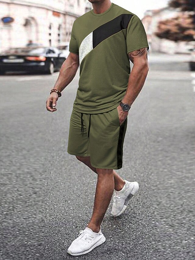  Herren 2-teiliges Outfit Set aus T-Shirt und Shorts mit Kordelzug Kurzarm Rundhalsausschnitt Sommer Farbblock Mode Sport Lässig 2 teilig Urlaub Lässig Alltagskleidung Schwarz Gelb Grün Top T-Shirt