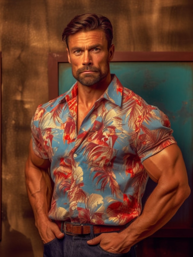  Men's Shirt Button Up Shirt Casual Shirt Summer Shirt Beach Shirt Blue Short Sleeves Floral Graphic Prints Turndown Outdoor Going out Print Clothing Apparel Streetwear Stylish Casual Hawaiian