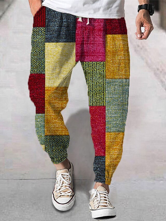  Men's Joggers Trousers Summer Pants Beach Pants Drawstring Elastic Waist 3D Print Color Block Graphic Prints Geometry Comfort Breathable Sports Outdoor Casual Daily Streetwear Designer Yellow Green