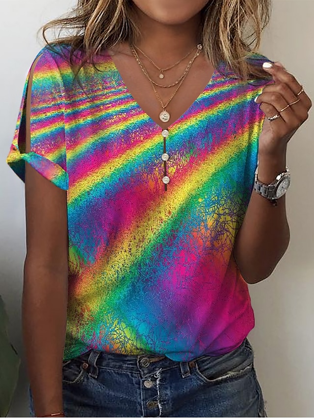  Damen T Shirt Regenbogen Taste Ausgeschnitten Bedruckt Täglich Wochenende Basic Kurzarm V Ausschnitt Rosa
