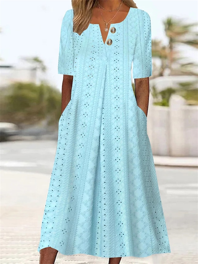  Women's Casual Dress Midi Dress Button Pocket Daily Vacation Fashion Modern Split Neck Short Sleeve Light Blue Color