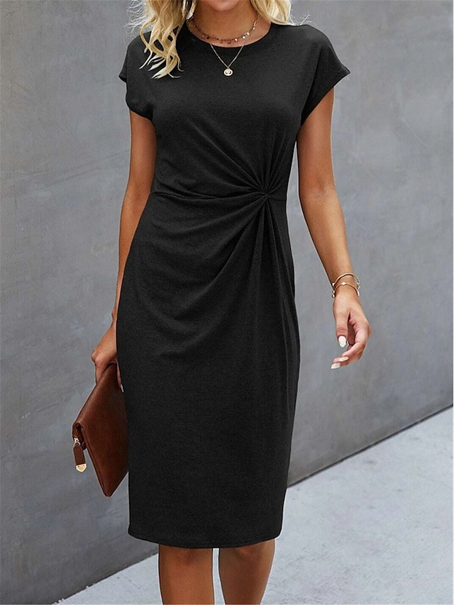  Damen schwarzes kleid Twist-Front ausgestattet Rundhalsausschnitt Midikleid Basic Täglich Verabredung Kurzarm Sommer Frühling