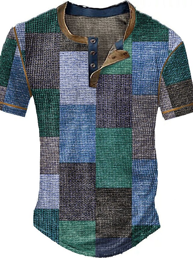Men's Waffle Henley Shirt Graphic Plaid Color Block Henley Clothing ...