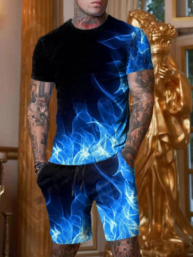  Graphic Bloque de color Fuego Design Casual Cómodo Hombre Impresión 3D Conjunto de pantalones cortos y camiseta Trajes De Camiseta Camisa de llama Exterior Diario Deportes Camiseta Rojo Azul Morado