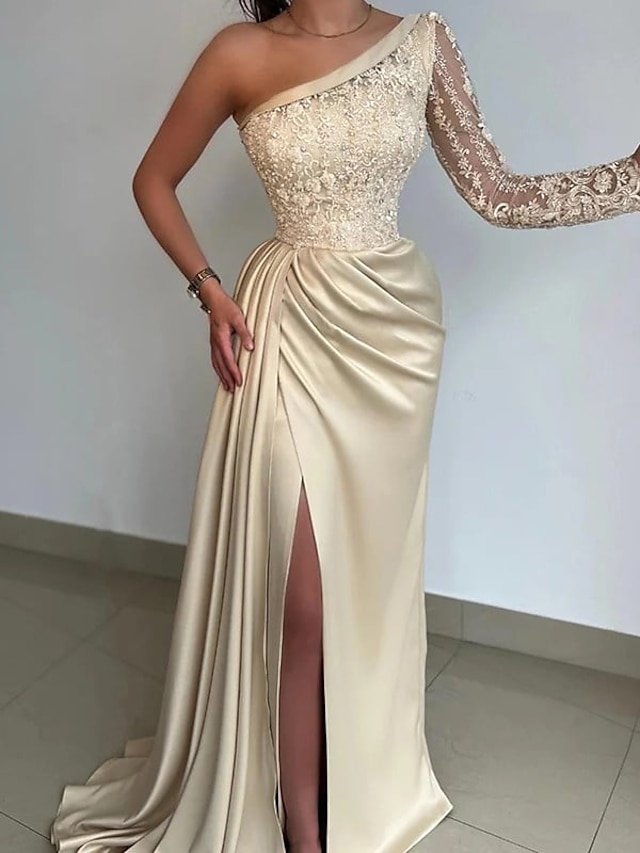  Mermaid Black Dress Evening Gown Hot Dress Formal Wedding Party Sweep / Brush Train Long Sleeve One Shoulder Bridesmaid Dress Satin with Rhinestone Appliques 2024