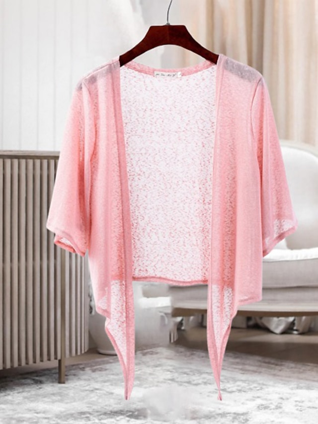  Women's Shrug Open Front Crochet Knit Cotton Thin Summer Spring Outdoor Daily Going out Shrugs Stylish Casual Half Sleeve Solid Color White Yellow Pink L XL 2XL