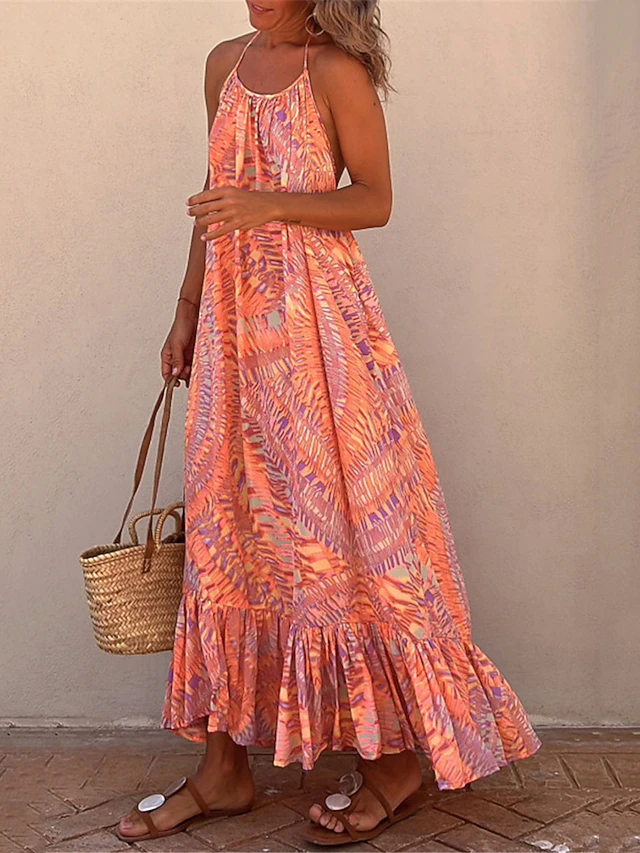 Women's Maxi long Dress Boho Dress Boho Chic Dresses Leaf Bohemia Casual Daily Holiday Ruffle Backless Sleeveless Halter Neck Dress Regular Fit Orange Summer Spring S M L XL 6
