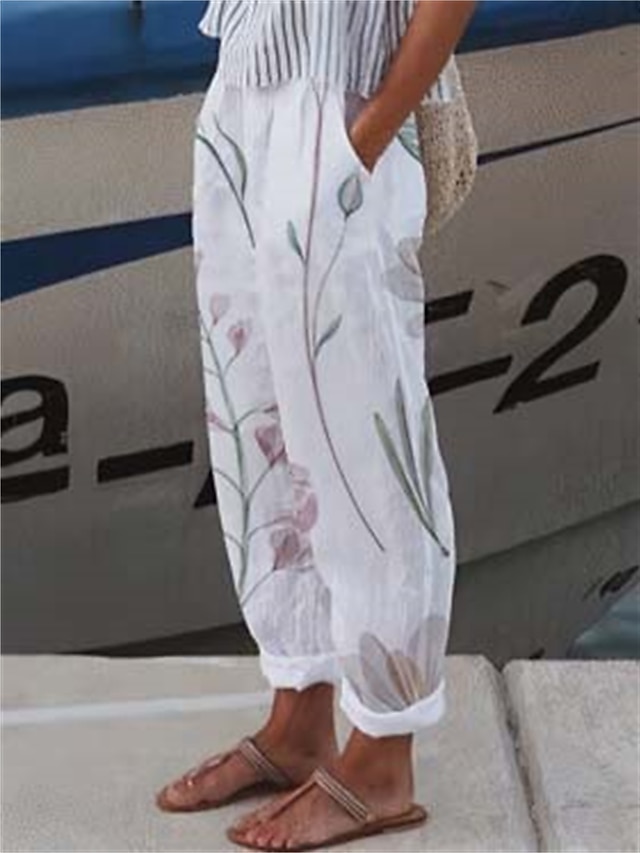  Women's Linen Pants Baggy Pants Linen Cotton Blend Side Pockets Print Full Length White Summer