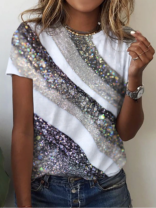 Women's T Shirt Basic Print Short Sleeve Regular Tops Round Neck Daily Weekend Yellow Pink Blue Green Gray 6