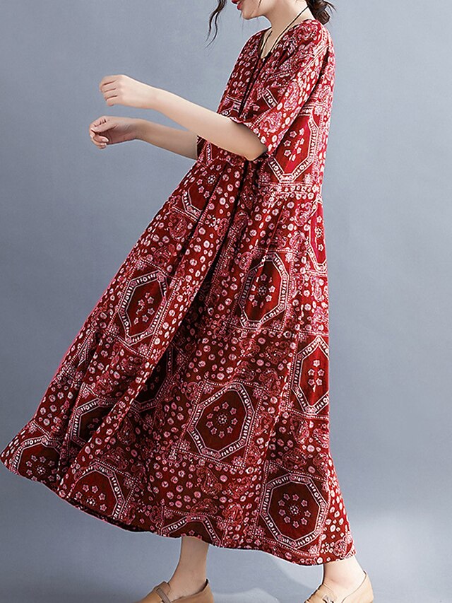 Vintage Half Sleeve Crew Neck 3D Printing Loose Maxi Dress main image 0