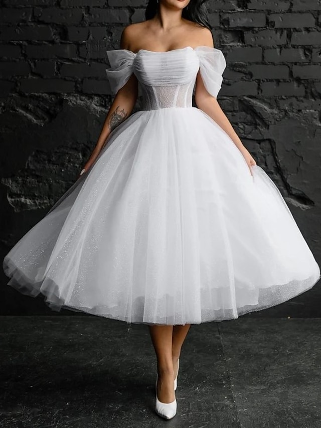  Chá de panela vestidos de noiva simples vestidos de noiva linha a decote redondo sem mangas comprimento chá vestidos de noiva de cetim com cor sólida 2024