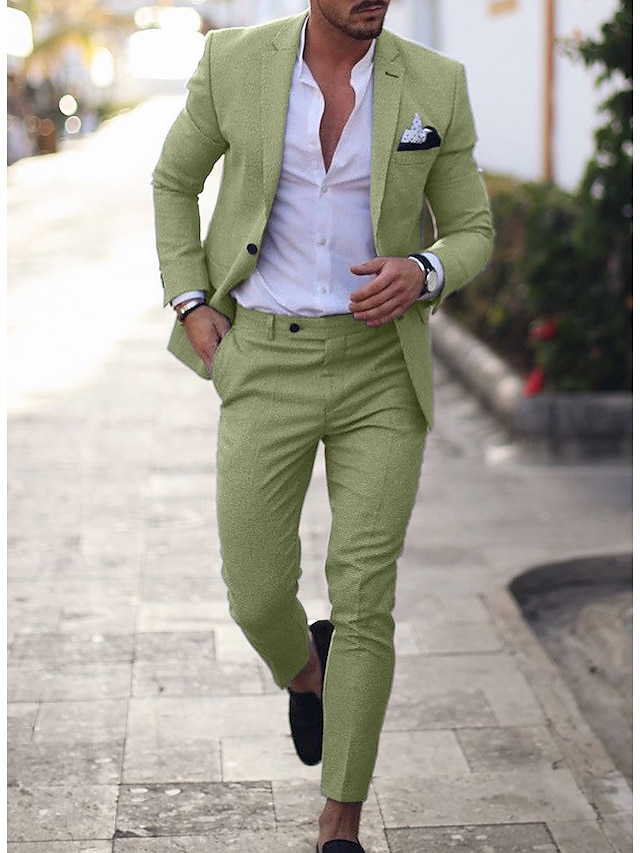 Sky Blue Light Blue Green Men's Linen Suits Wedding Beach Summer Solid ...