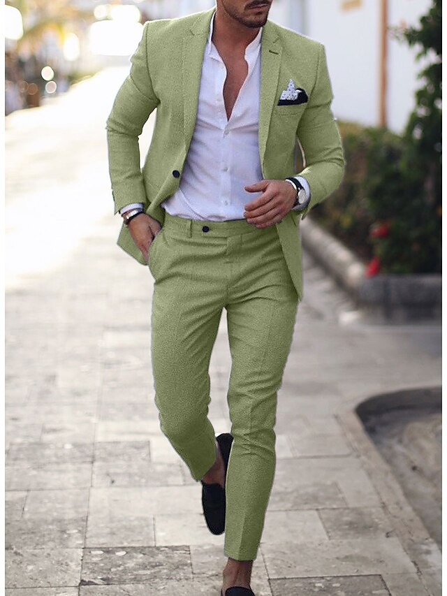Light Blue Green Men's Linen Suits Wedding Beach Summer Solid Colored 2 ...
