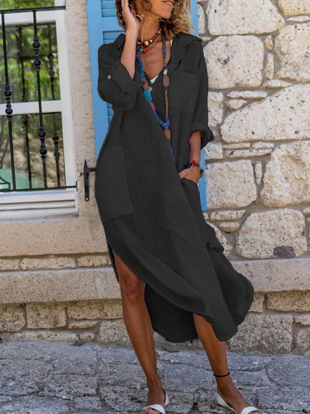 Women's Black Pink khaki Spring Fall Maxi Dress Cotton Linen Dresses Black Dress Shirt Dress Modern Casual Daily Regular Fit Plain V Neck 7