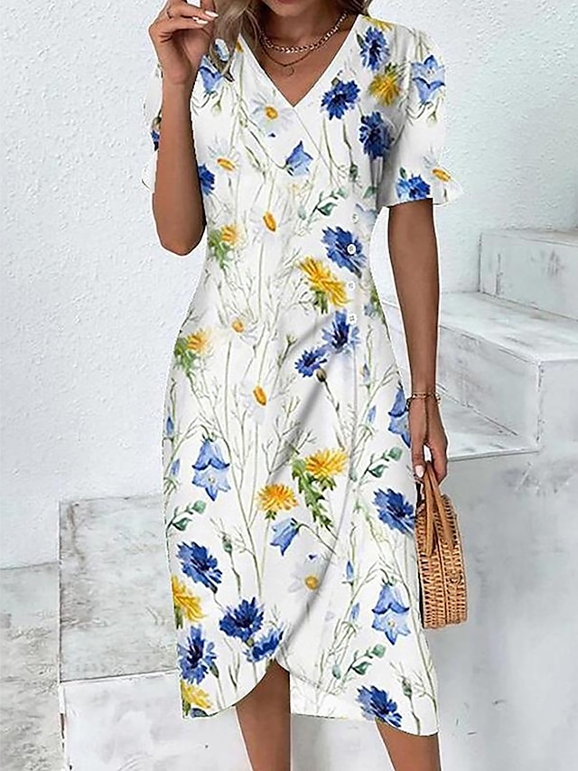  Naisten midi-mekko kietaisumekko elegantti kevyt puffi-hihat lyhyt hihat V-kaula-aukoilla kapeamallinen mekko kukkakuosi epäsymmetriallinen treffit