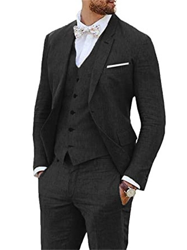 Light Blue Black White Men's Wedding Linen Suits 3 Piece Solid Colored