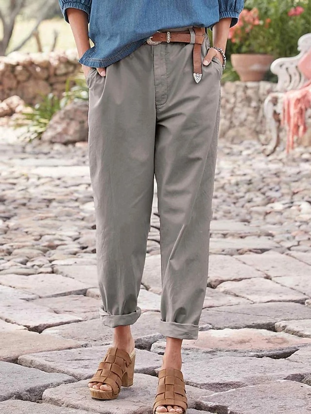  Women's Pants Trousers Faux Linen Grey Fashion Casual Daily Side Pockets Full Length Comfort Plain S M L XL 2XL