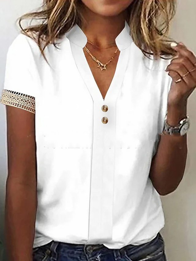  Women's Shirt Lace Shirt Blouse White Lace Shirt Plain Button Casual Elegant Fashion Basic Short Sleeve Standing Collar White