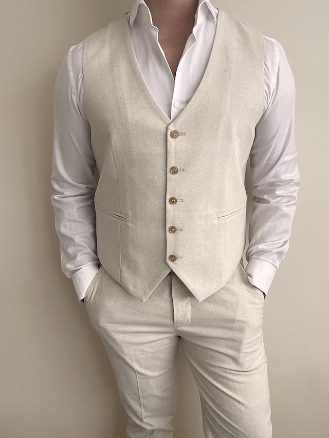  Completi da matrimonio in lino da uomo beige estate a tinta unita sagomati a 2 pezzi