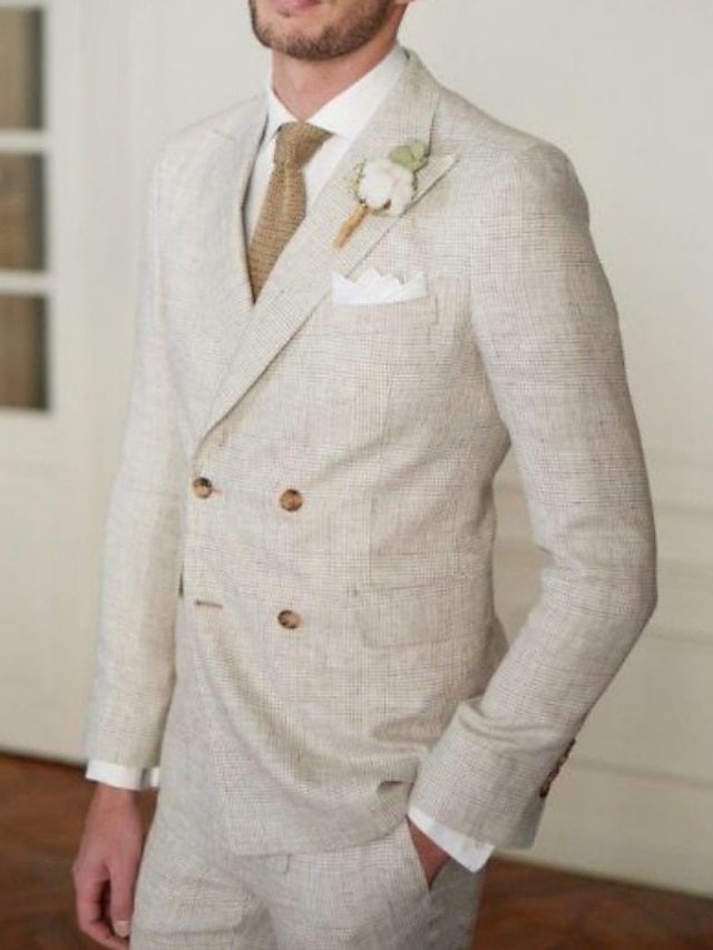 Men's Wedding Linen Suits Beige 2 Piece Solid Colored Summer Suits