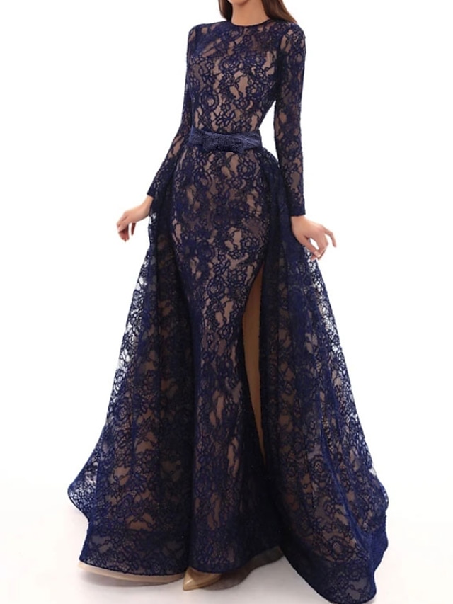  A-Line Evening Gown Elegant Dress Wedding Guest Engagement Sweep / Brush Train Long Sleeve Jewel Neck Detachable Lace with Slit Embroidery 2024