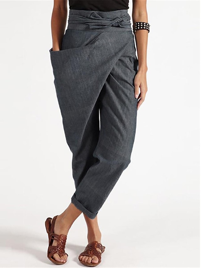  Damen-Loungewear-Hose aus Baumwolle, hohe Taille, unregelmäßige Schnürung, kurze Hose, solide, modisch, schlicht, lässig, Baumwolle, atmungsaktiv, mit einer Seitentasche, Sommer, Frühling, Schwarz, Marineblau