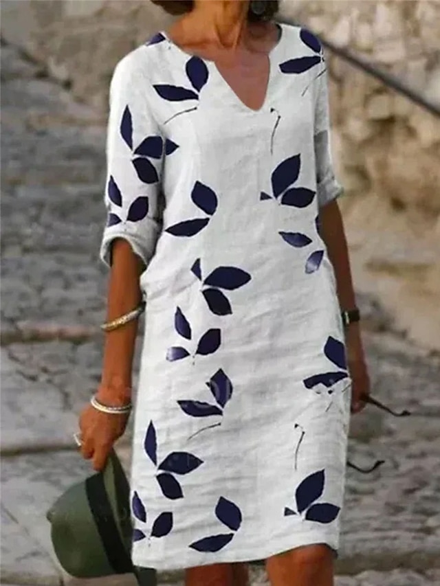  Robe Midi Femme Coton Lin Robe Décontractée Robe Shift Robe Midi Imprimée Décontractée Quotidien Vacances Col V Manches Courtes Été Printemps Blanc Violet Feuille