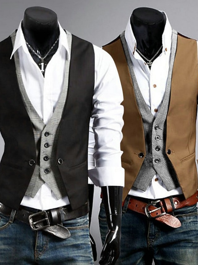  Men's Suit Vest Waistcoat Formal Wedding Work Business 1920s Smart Casual Cotton Polyester Solid Colored Slim Black Brown Vest