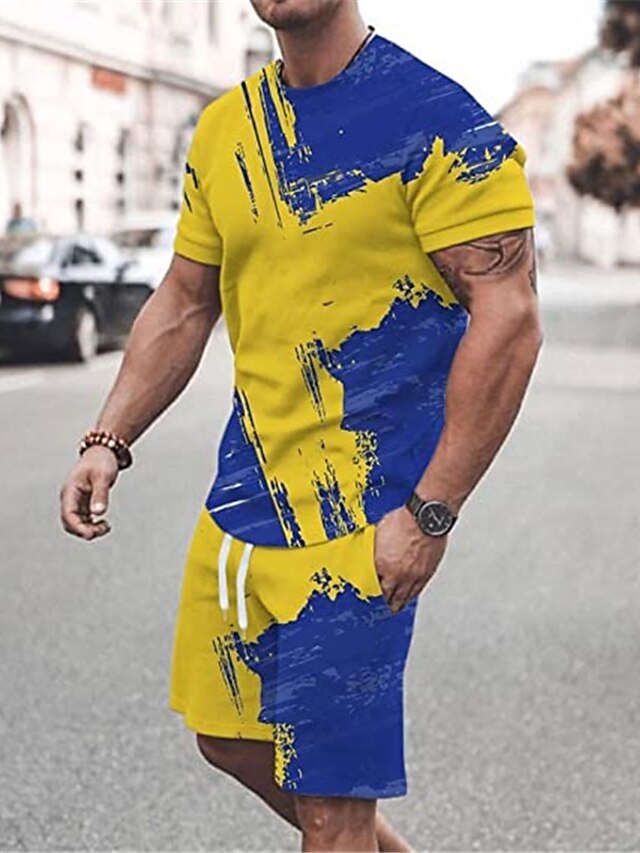 Men's Shorts and T Shirt Set TShirt Outfits Graphic Color Block Crew