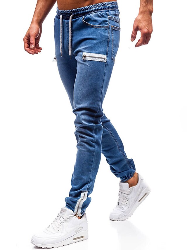  Homens Jeans Corredor Calças Calças jeans Com Cordão Bolso Com Zíper Tecido Conforto Respirável Diário Para Noite Denim Moda Casual Preto Azul Escuro