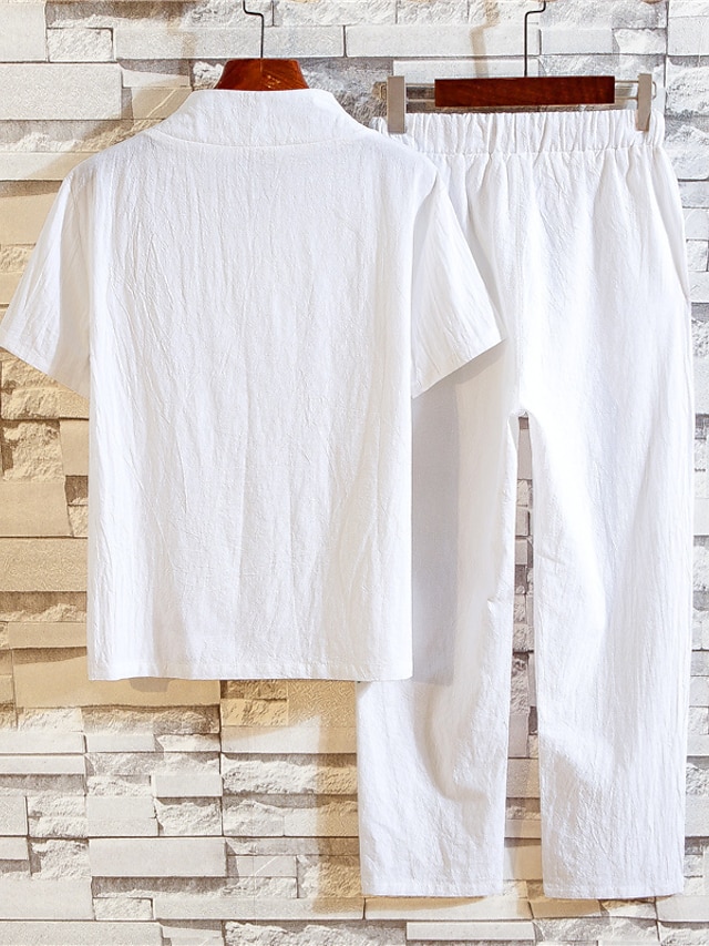  Męskie Koszula Koszula z lnu bawełnianego 2 elementy Zestaw koszul Letnia koszula Koszula plażowa Czarny Biały Granatowy Krótki rękaw Równina W serek Lato Codzienny Hawajskie Odzież