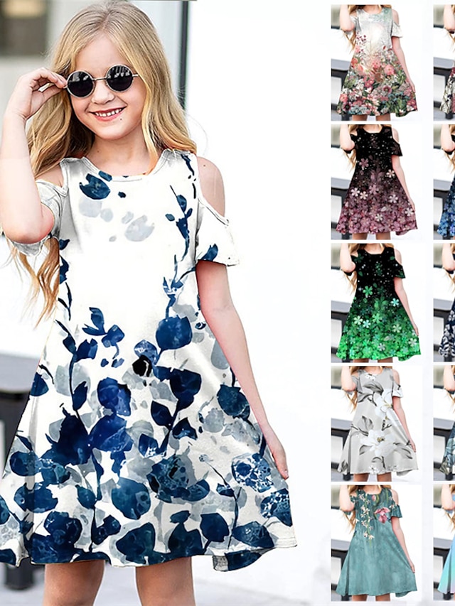  Kids Little Girls' Dress Floral A Line Dress Daily Holiday Vacation Print Green Blue White Above Knee Short Sleeve Casual Cute Sweet Dresses Spring Summer Regular Fit 3-12 Years