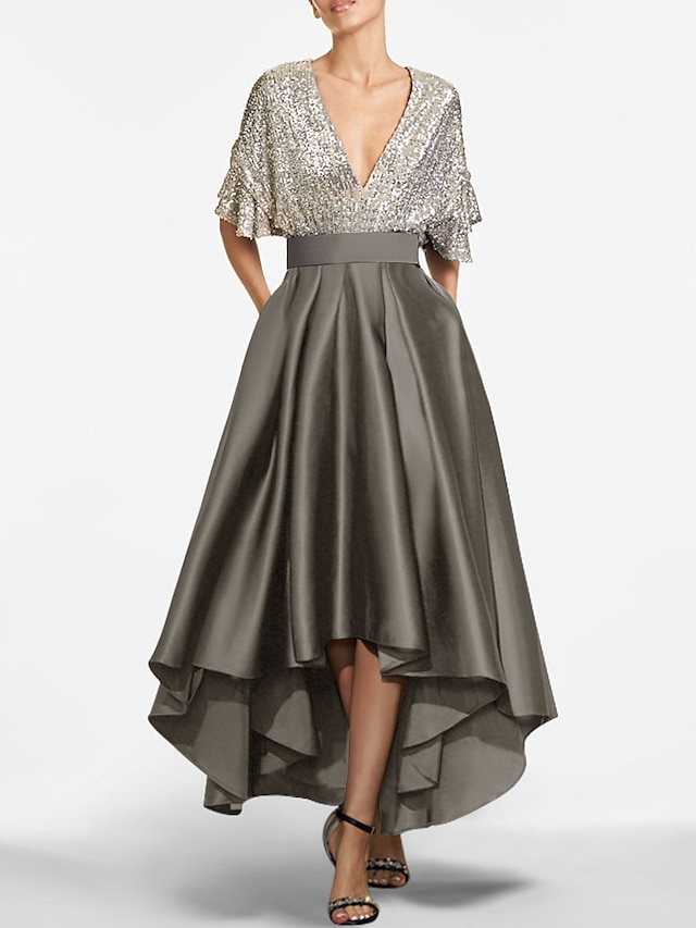  A-Line Wedding Guest Dress Sequin Dress Black Tie Party Semi Formal Asymmetrical Short Sleeve Jewel Neck Fall Satin 2024