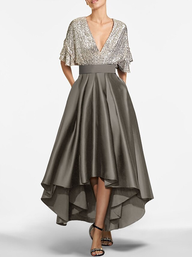 Asymmetrical Short Sleeve Pleated A-line Satin Dress Dark Green