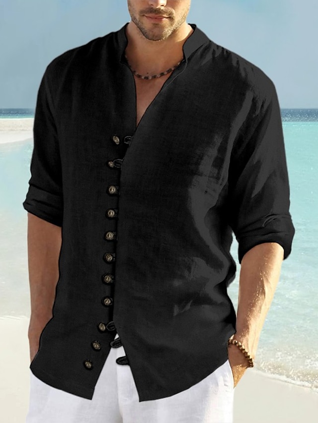 Men's Shirt Linen Shirt Summer Shirt Beach Wear Button Up Shirt Black ...