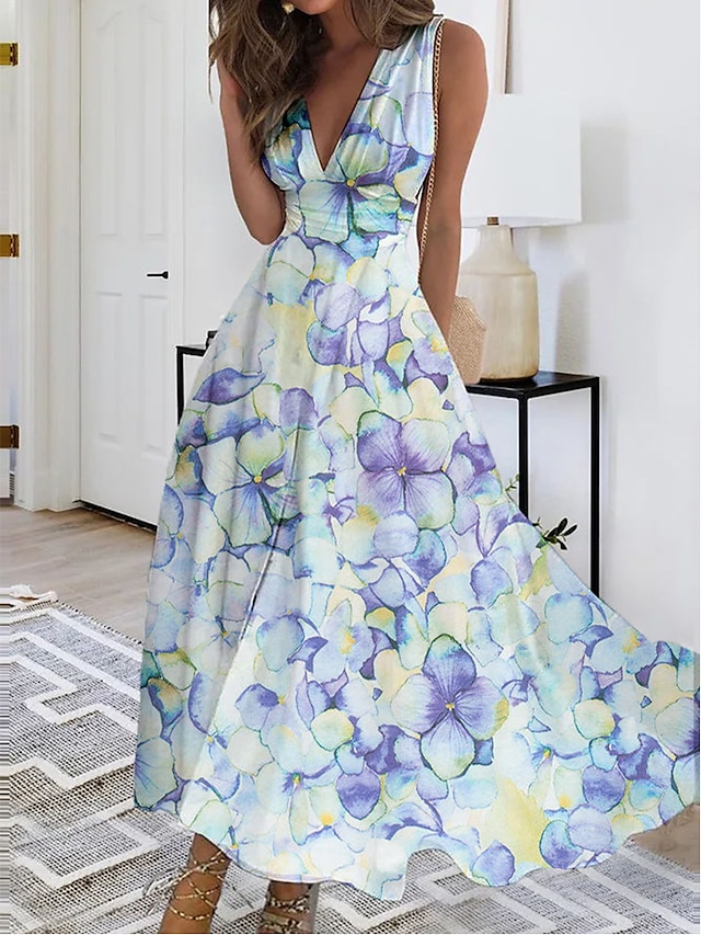  Γυναικεία Καθημερινό φόρεμα Φόρεμα σε γραμμή Α Αμάνικο φόρεμα Φλοράλ Πεταλούδα Στάμπα Λαιμόκοψη V Μακρύ φόρεμα Καθημερινά Ημερομηνία Αμάνικο Καλοκαίρι Άνοιξη
