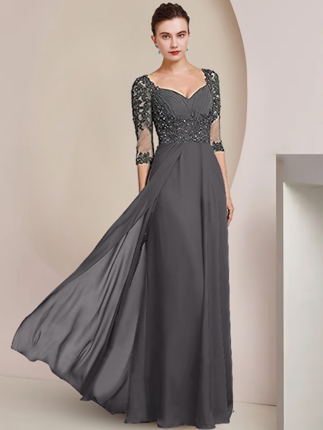  Sheath / Column Mother of the Bride Dress Formal Wedding Guest Elegant Square Neck Floor Length Chiffon Lace 3/4 Length Sleeve with Sequin Appliques Ruching 2024