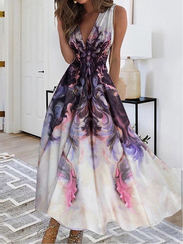 Γυναικεία Καθημερινό φόρεμα Φόρεμα σε γραμμή Α Αμάνικο φόρεμα Φλοράλ Στάμπα Λαιμόκοψη V Μακρύ φόρεμα Καθημερινά Ημερομηνία Αμάνικο Καλοκαίρι Άνοιξη
