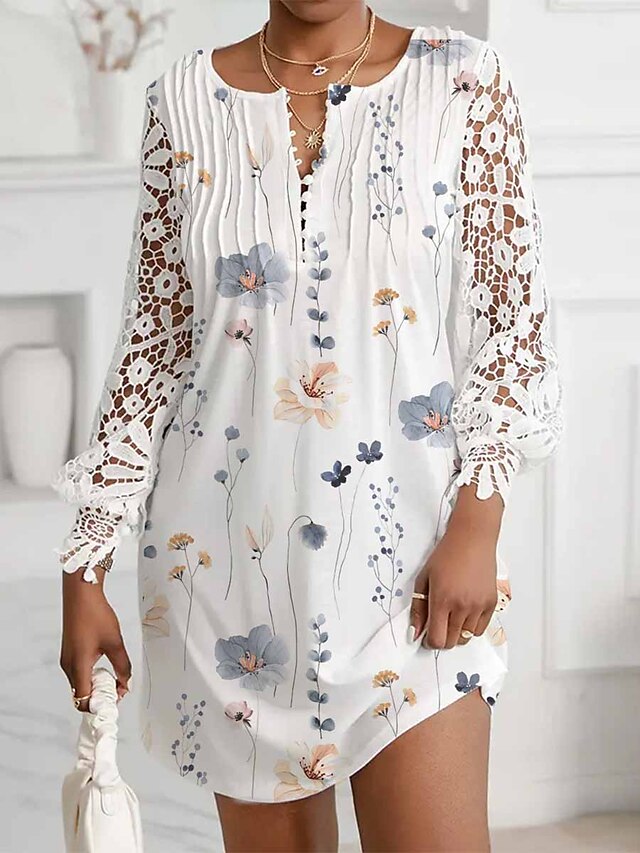  Women's Casual Dress Floral Dress Print Dress Floral Lace Patchwork Split Neck Lace Sleeve Mini Dress Fashion Streetwear Outdoor Daily Long Sleeve Regular Fit White Summer Spring S M L XL XXL