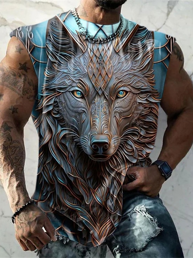  Herren Graphic Tier Wolf Shirt Ärmelloses T-Shirt für Männer Ärmellos Gurte T-Shirt 3D-Druck Rundhalsausschnitt Hemd Modisch Designer Muskel Täglich Sport Fitnessstudio Weiß Blau Braun Frühling Sommer
