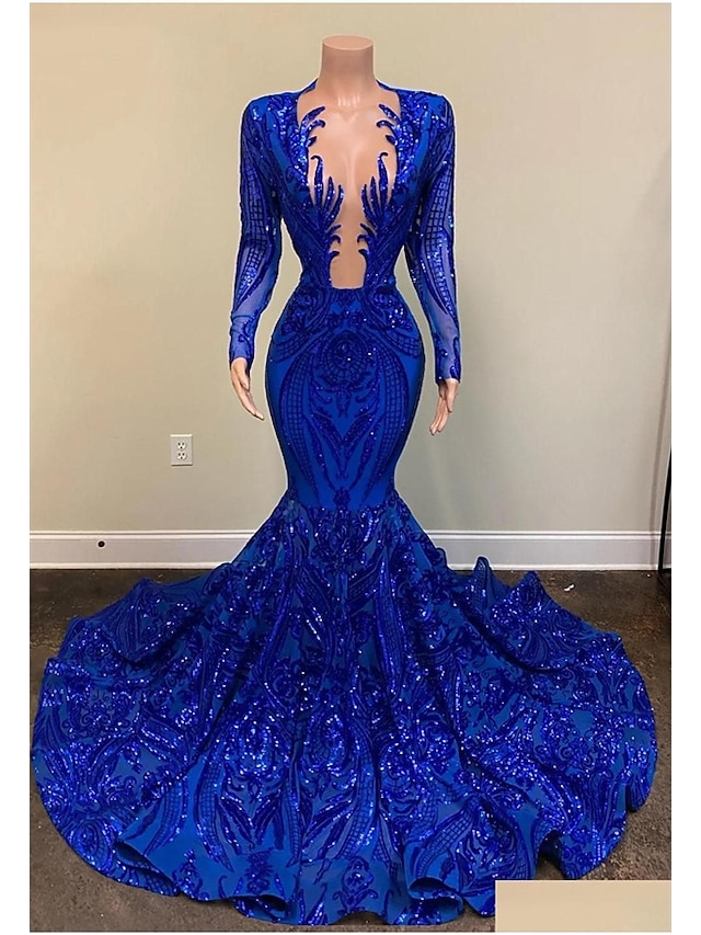 Mermaid / Trumpet Evening Gown Sparkle & Shine Dress Carnival Formal Court Train Long Sleeve V Neck African American Sequined with Beading Sequin 2024