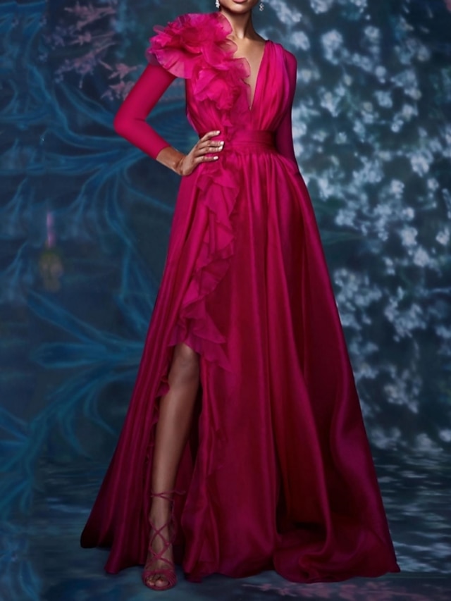  שמלת ערב בשמלה פרחונית שמלה אדומה ירוקה שמלת חתונה אורחת מסיבת חתונת אורחים שרוול ארוך שיפון צווארון V עם שסע קפלים 2024