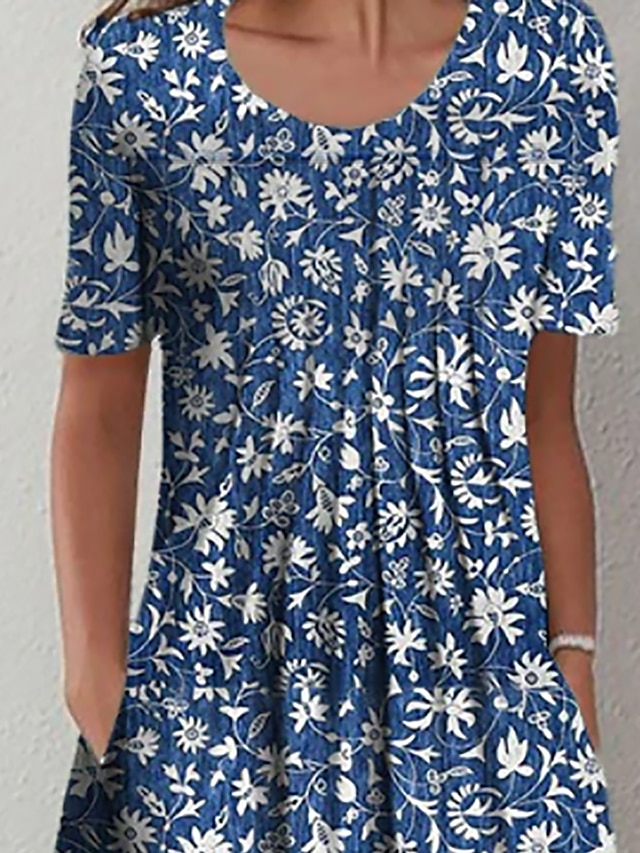 Women's Casual Dress Midi Dress Blue Short Sleeve Floral Ruched Summer ...