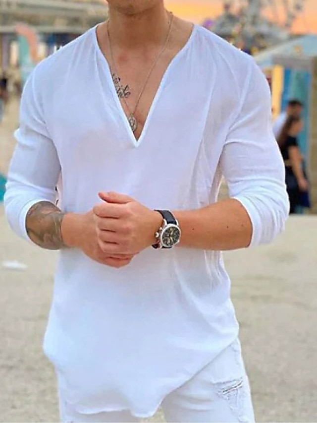 Hombre camisa de lino Camisa Camisa de verano Camiseta Tee Camisa casual Negro Blanco Azul Piscina Manga Larga Color sólido Escote en Pico Verano Exterior Calle Ropa