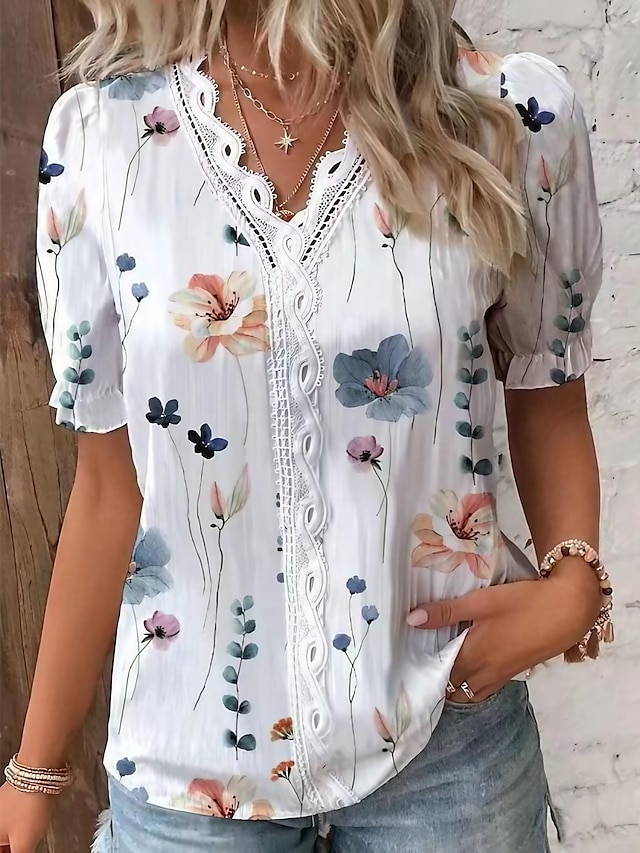  Жен. Рубашка Блуза Цветочный принт Контрастное кружево Пэчворк Белый С короткими рукавами Стиль Богемный V-образный вырез Лето