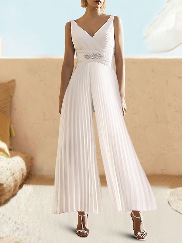  salopete rochie de cocktail rochie elegantă invitată la nuntă vară lungime glezne fără mâneci decolteu în V șifon scară spate cu pliuri cristale 2024
